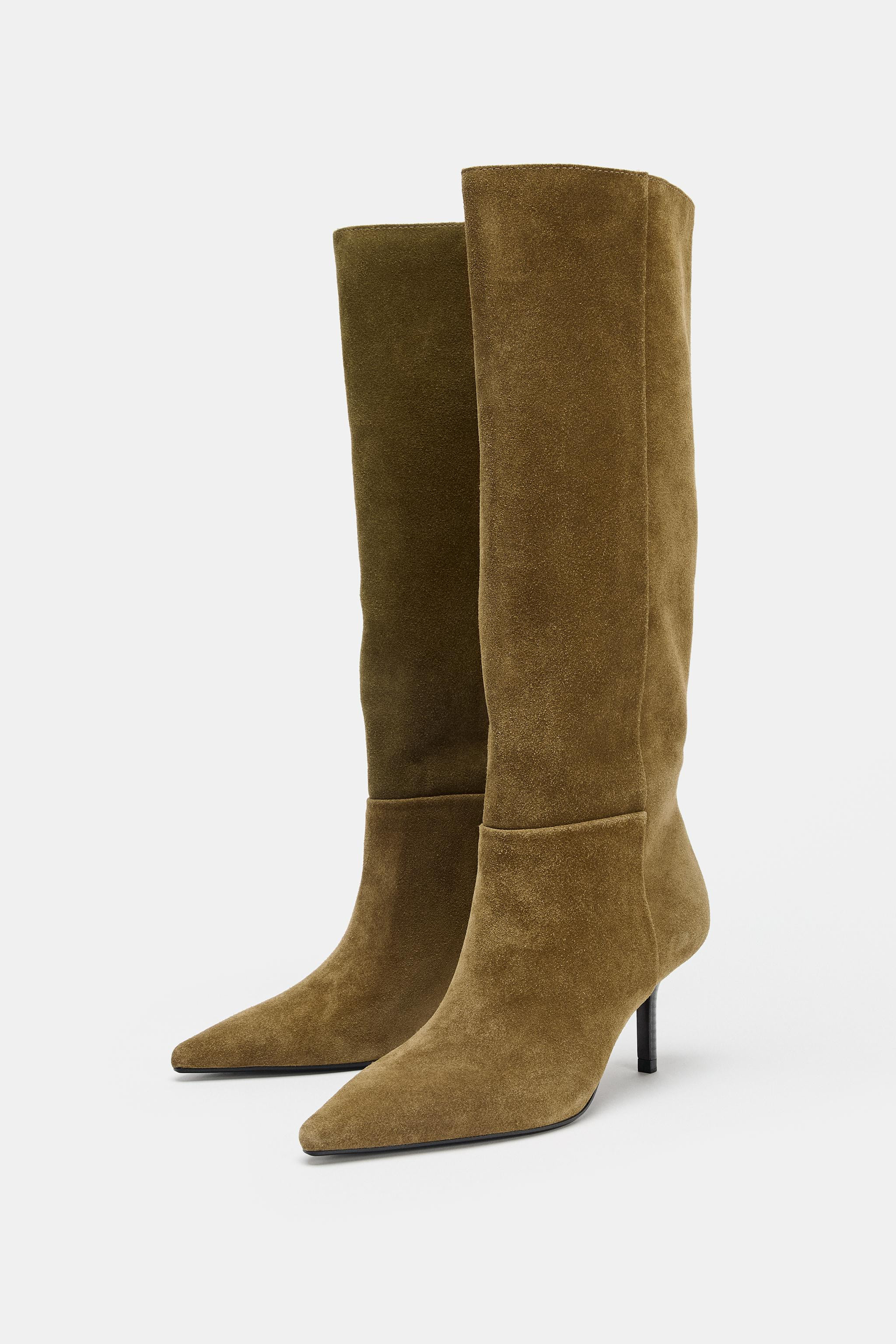 SPLIT LEATHER KITTEN HEEL BOOTS | Zara US
