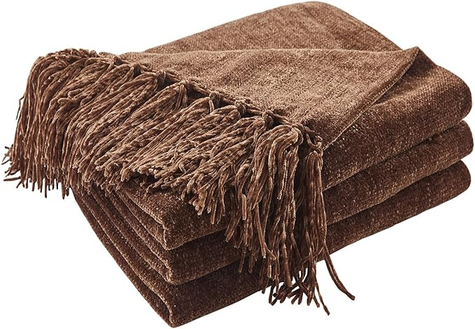CozeCube Chenille Throw Blanket for Couch, Cozy Plush Fuzzy Decorative Dark Brown Blanket with Fr... | Amazon (US)