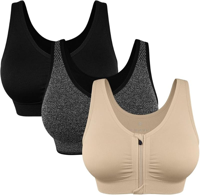 Women's Zip Front Sports Bra Wireless Post-Surgery Bra Active Yoga Sports Bras | Amazon (US)