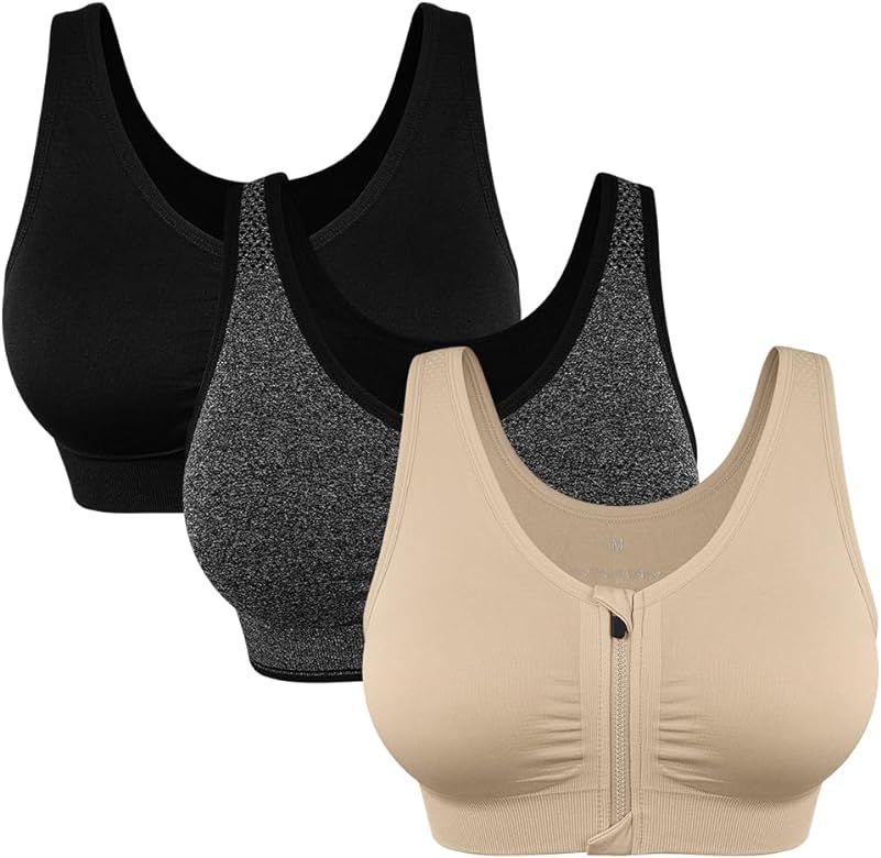 Women's Zip Front Sports Bra Wireless Post-Surgery Bra Active Yoga Sports Bras | Amazon (US)