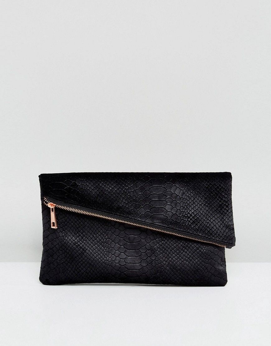 ASOS Velvet Snake Square Clutch Bag With Slanted Zip Top - Black | ASOS US