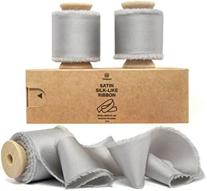 Vitalizart Silver Gray Satin Ribbon 1.5" x 15Yd with Wooden Spool Handmade Frayed Edged Fringe Si... | Amazon (US)