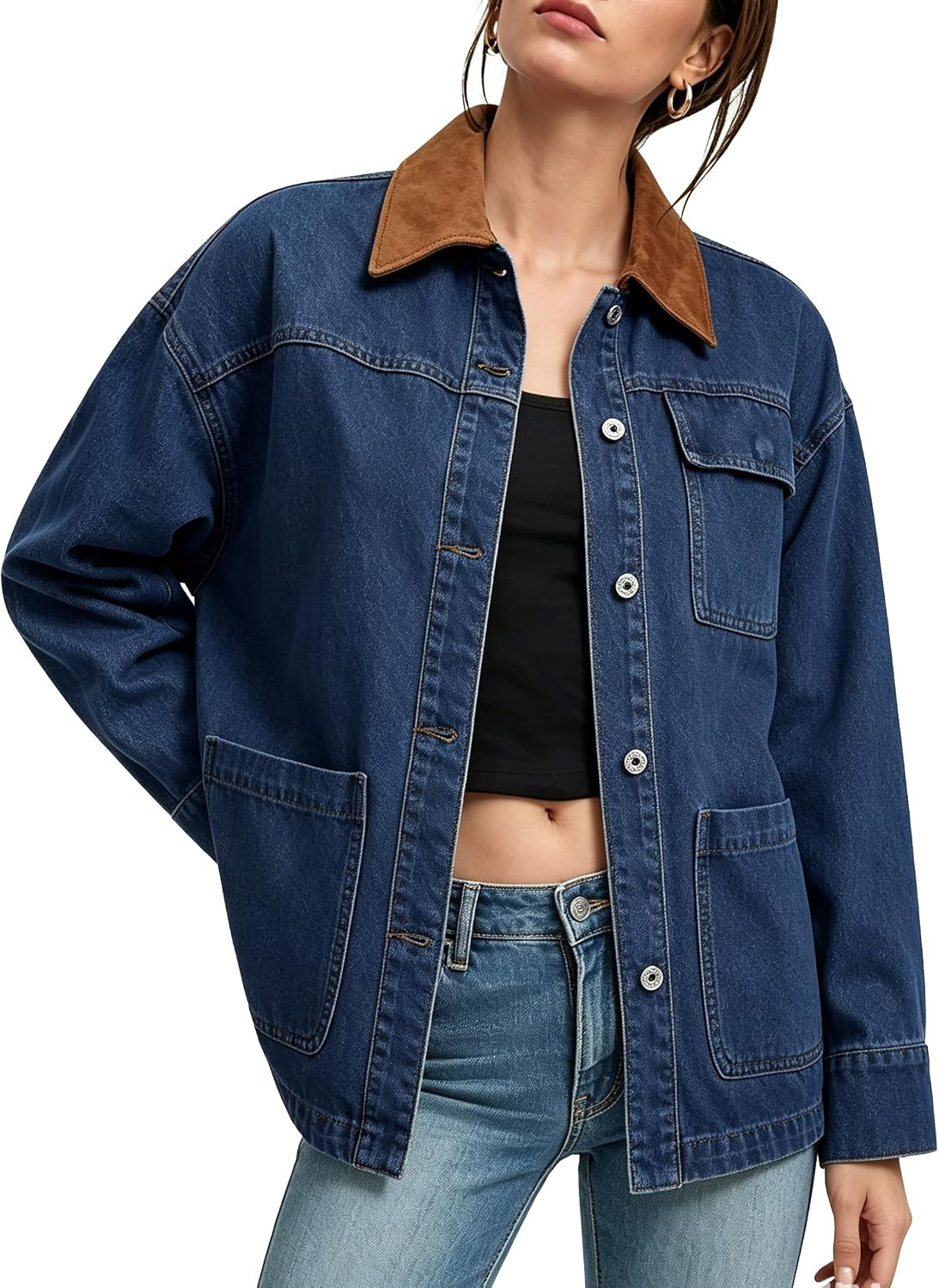 Womens Oversized Denim Jacket 2025 Trendy Button Up Long Sleeve Jean Jacket with Faux Suede Collar Fall Barn Coat | Amazon (US)