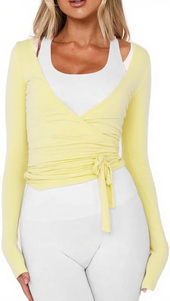 Women Wrap Tie Top Y2k Long SLeeve Ballet Workout Yoga Shirt Coquette Blouses | Amazon (US)