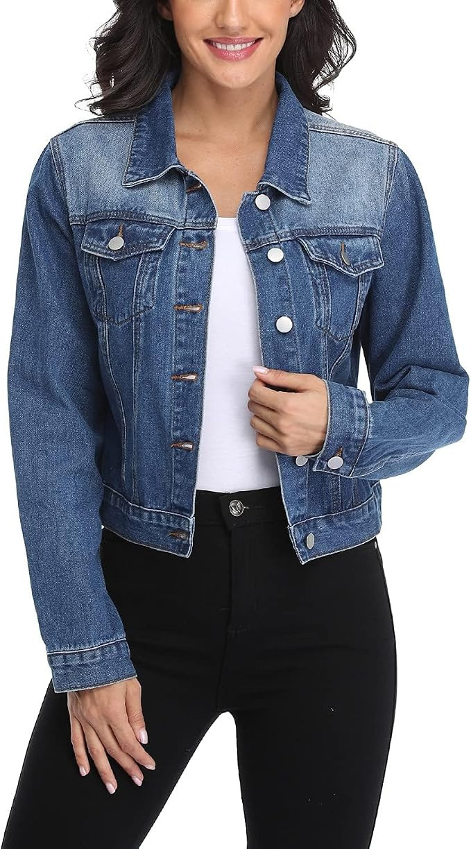 andy & natalie Women's Denim Jackets Cropped Long Sleeve Basic Button Down Crop Jean Shacket with... | Amazon (US)