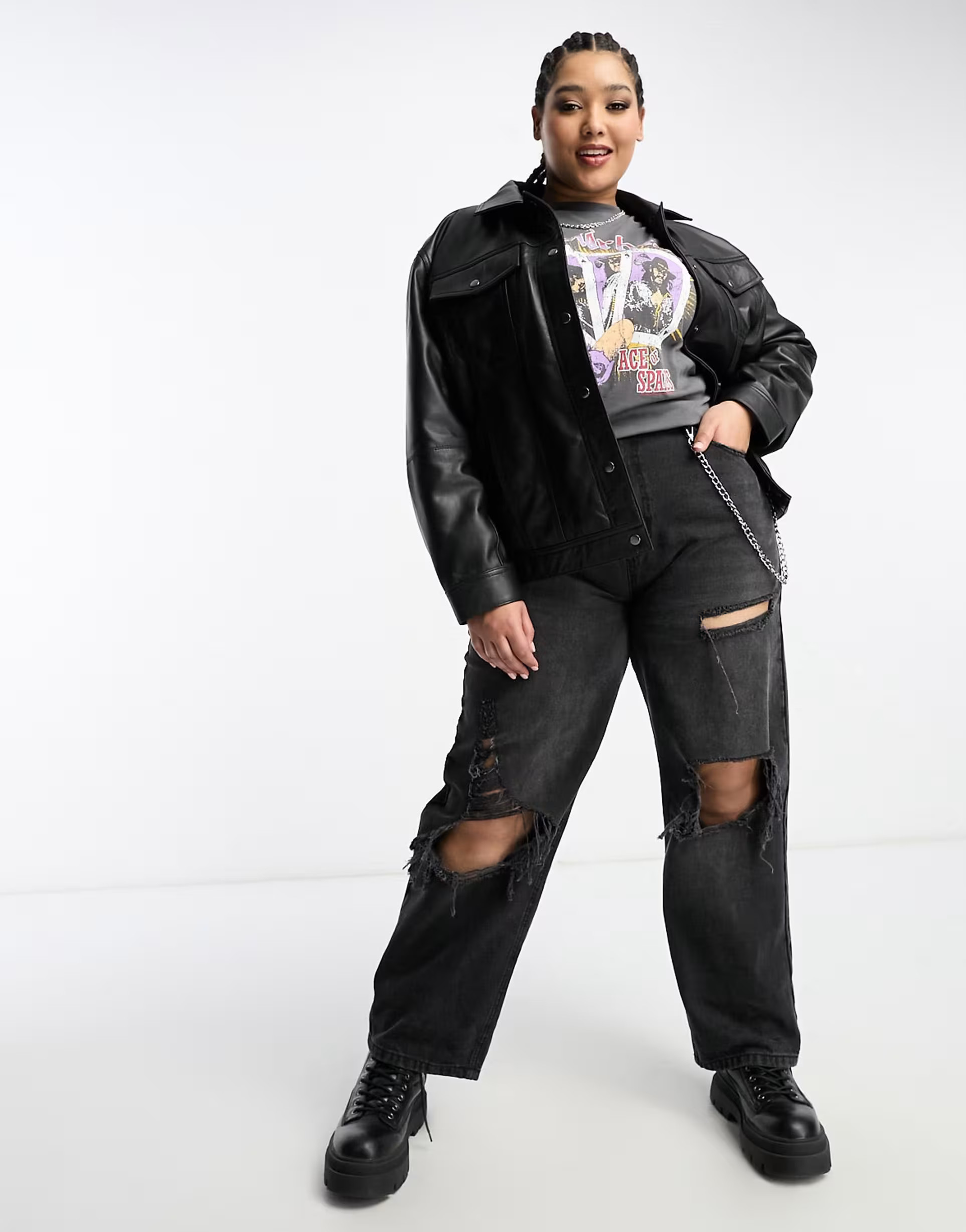 Urbancode curve real leather oversized trucker in black | ASOS (Global)