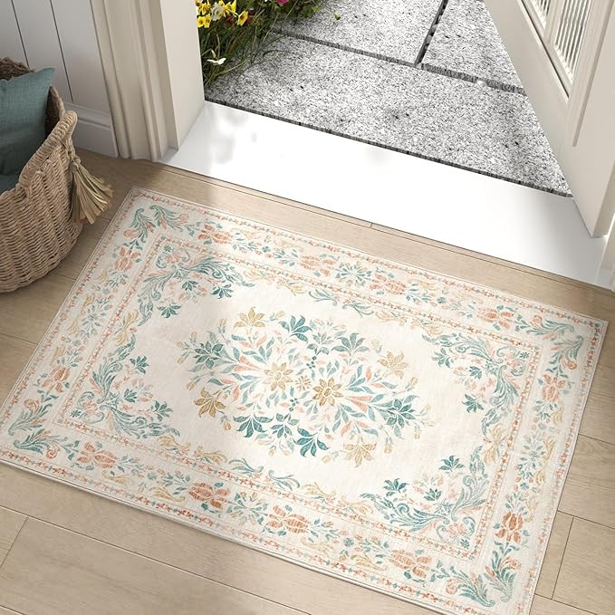 jinchan Spring Floral 2x3 Rugs for Entryway - Vintage Washable Area Rug Ultra-Thin Low Pile Soft ... | Amazon (US)