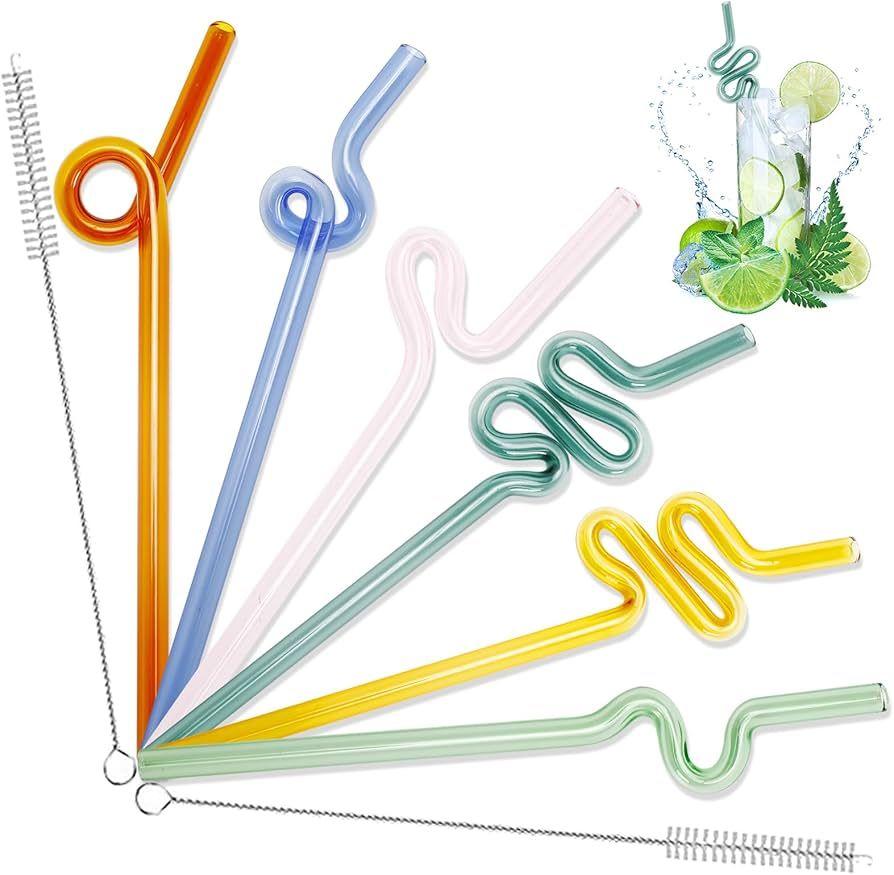 6 Pcs Twisted Glass Straws Wavy Glass Straws Clear Colorful Straws Reusable with 2 Cleaning Brush... | Amazon (US)