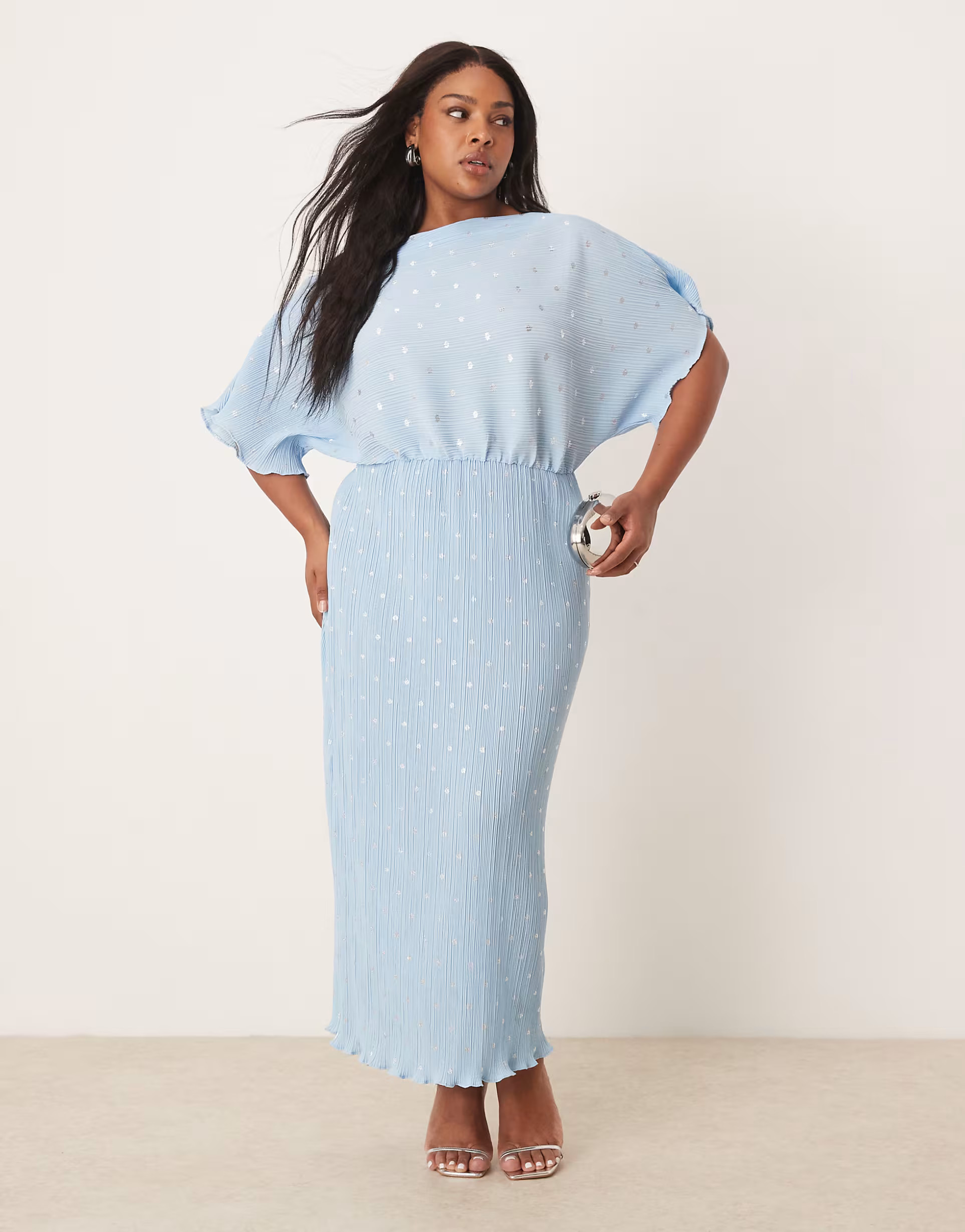 Never Fully Dressed Plus Tilly off shoulder plisse midaxi dress in blue | ASOS (Global)