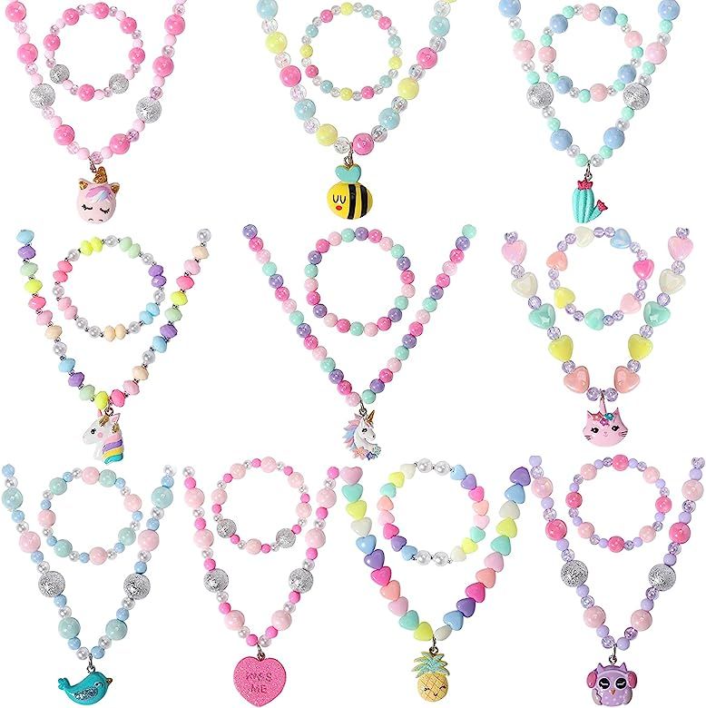 PinkSheep Jewelry Sets Beaded Necklace and Beads Bracelet for Kids Girls 10 Sets Unicorn Cat Bird... | Amazon (US)