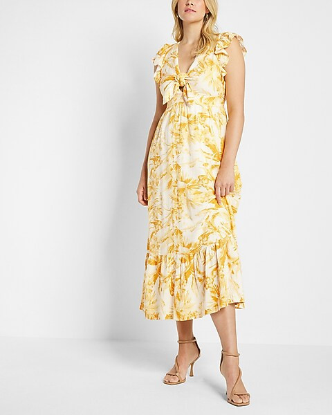 Printed Flutter Sleeve Tie Front Midi Linen-blend Dress | Express