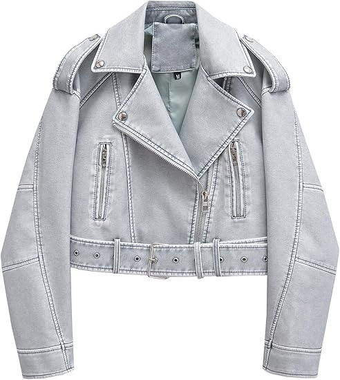 LY VAREY LIN Women Faux Leather Cropped Jacket Casual Bomber Biker Short Coat with Belt | Amazon (US)