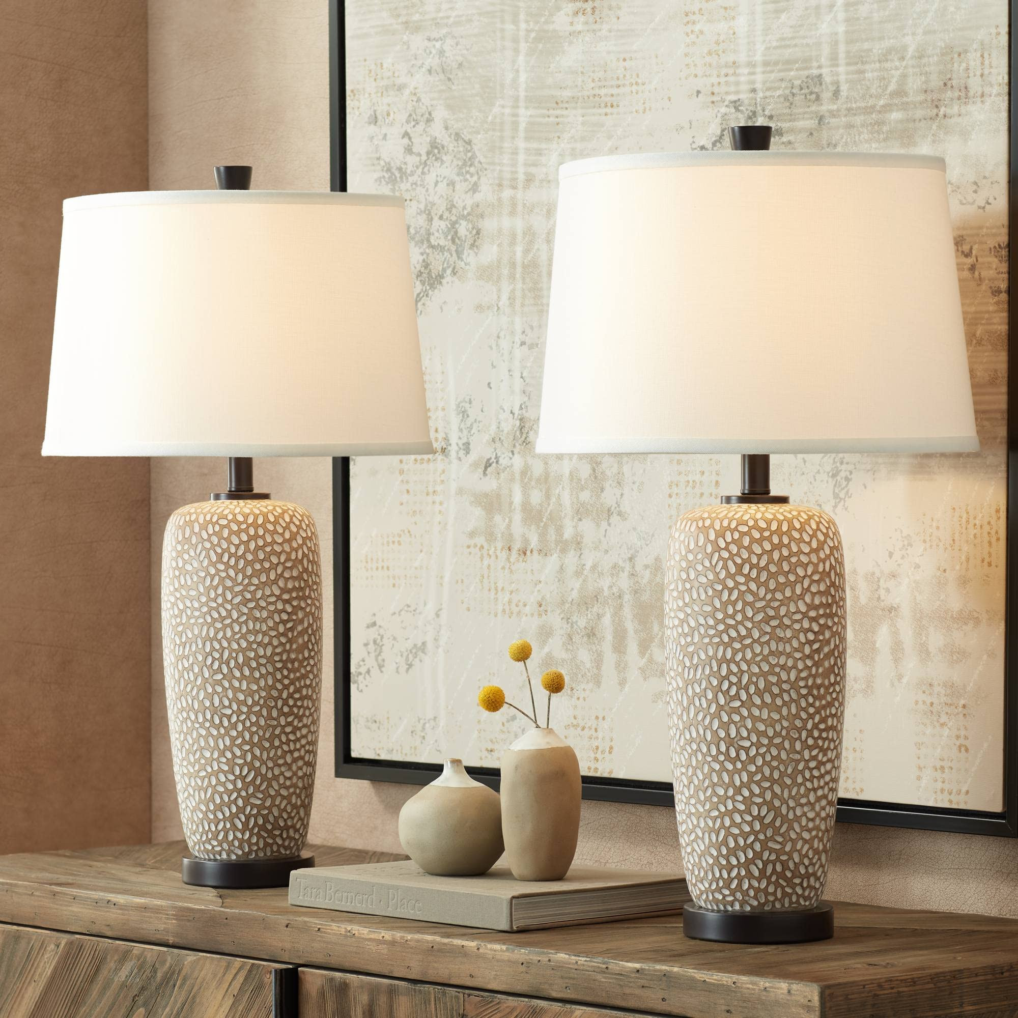 360 Lighting Anna 27 1/4" Tall Modern Coastal Table Lamps Set of 2 Beige Pebbled Fabric White Sha... | Amazon (US)
