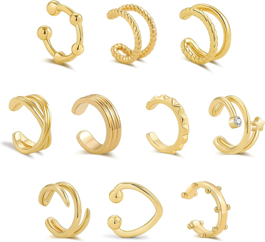 Sloong 10pcs Sparkling Ear Cuff pack Gold Dainty Helix Earrings Huggie Stud Cuff Earrings for wom... | Amazon (US)