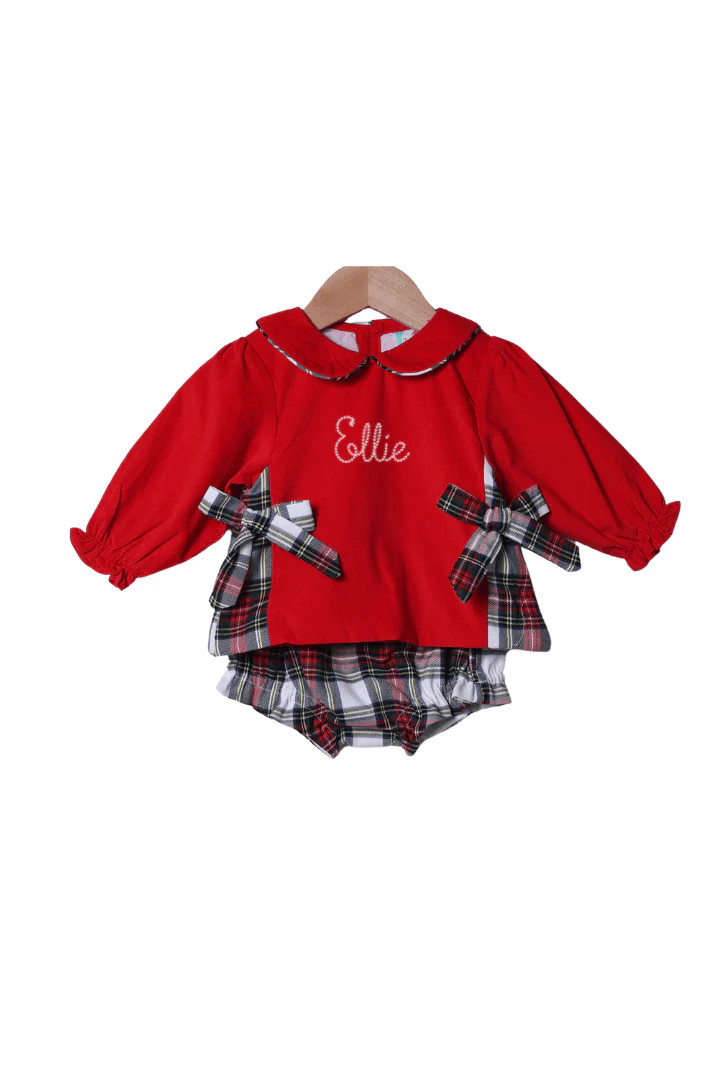 Red Corduroy Tartan Bow Bloomer Set | The Smocked Flamingo