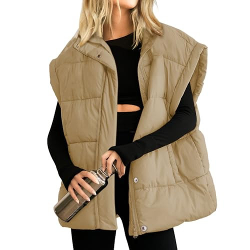 Songling Womens Oversized Puffer Vest Stand Collar Full Zip Sleeveless Bubble Puffer Vest Quilted Padded Warm Coat Outwear (Khaki,S) | Amazon (US)