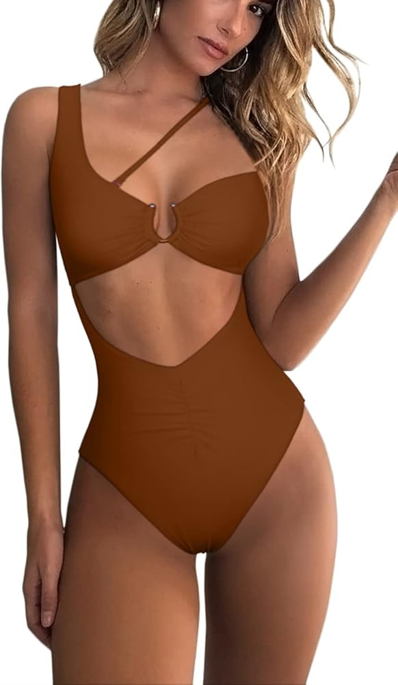 QINSEN Womens One Shoulder Cutout Ruched Back High Cut Monokini One Piece Swimsuit | Amazon (US)