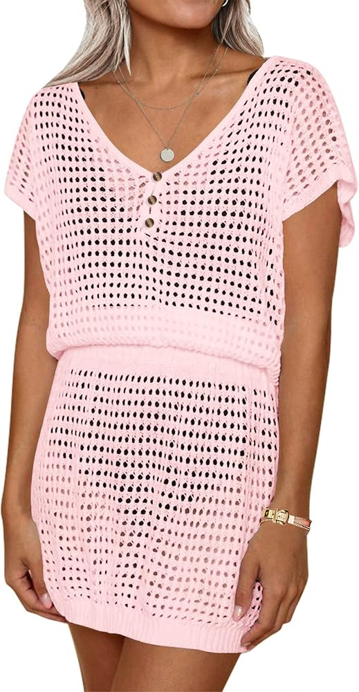 AOLRO Women's Swim Coverups Crochet Hollow Out Short Sleeve V Neck Beach Swimsuit Bathing Suit Co... | Amazon (US)