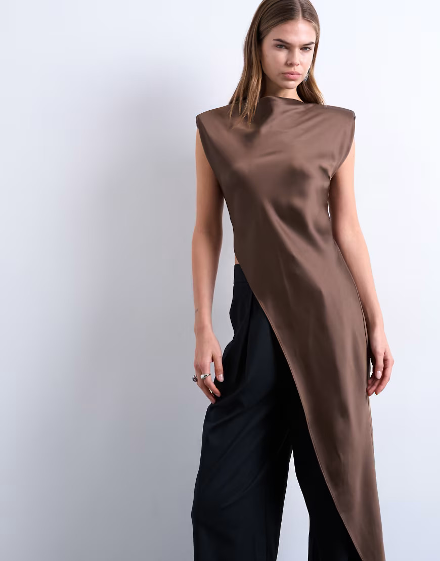 Topshop satin asymmetric hem tunic top with shoulder pads in chocolate-Brown | ASOS (Global)