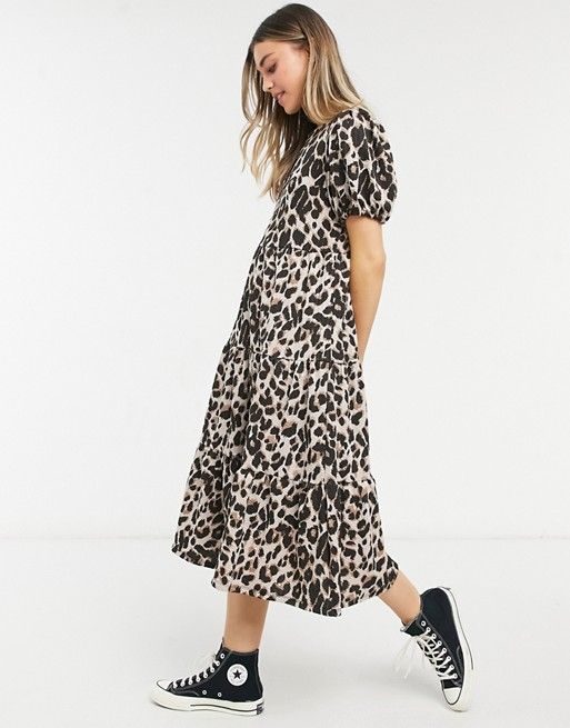 ASOS DESIGN midi tiered smock dress in leopard print | ASOS (Global)
