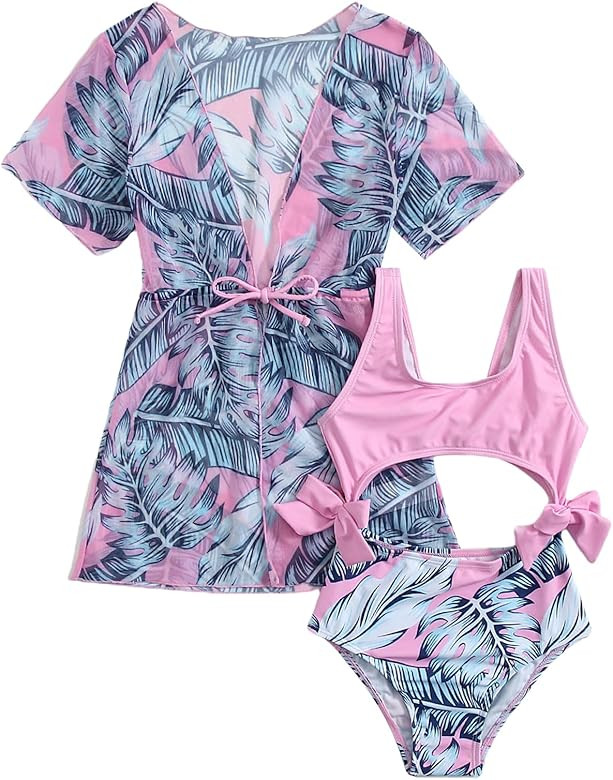 MakeMeChic Toddler Girl's Bathing Suit Tropical Cut Out One Piece Swimsuit with Kimono Cover Up | Amazon (US)