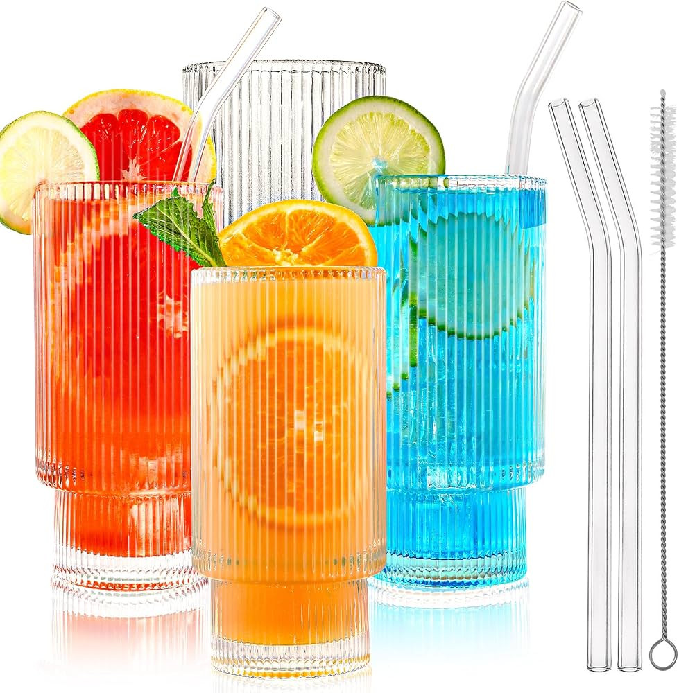 Aofmee Ribbed Drinking Glasses, Ribbed Glass Cups 12 oz, Ribbed Glassware Set of 4, Tall Glasses ... | Amazon (US)