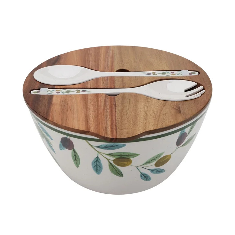 Better Homes and Gardens Bamboo Melamine Olive Salad Bowl with Acacia Wood Lid and Utensil Set | Walmart (US)