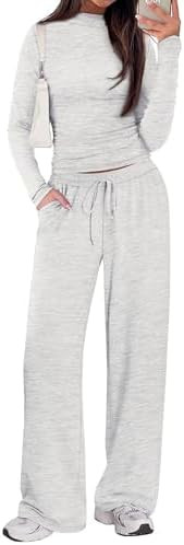 Sampeel Two Piece Lounge Set for Women 2 Piece Fall Outfits 2025 Mock Neck Ruched Tops Wide Leg P... | Amazon (US)