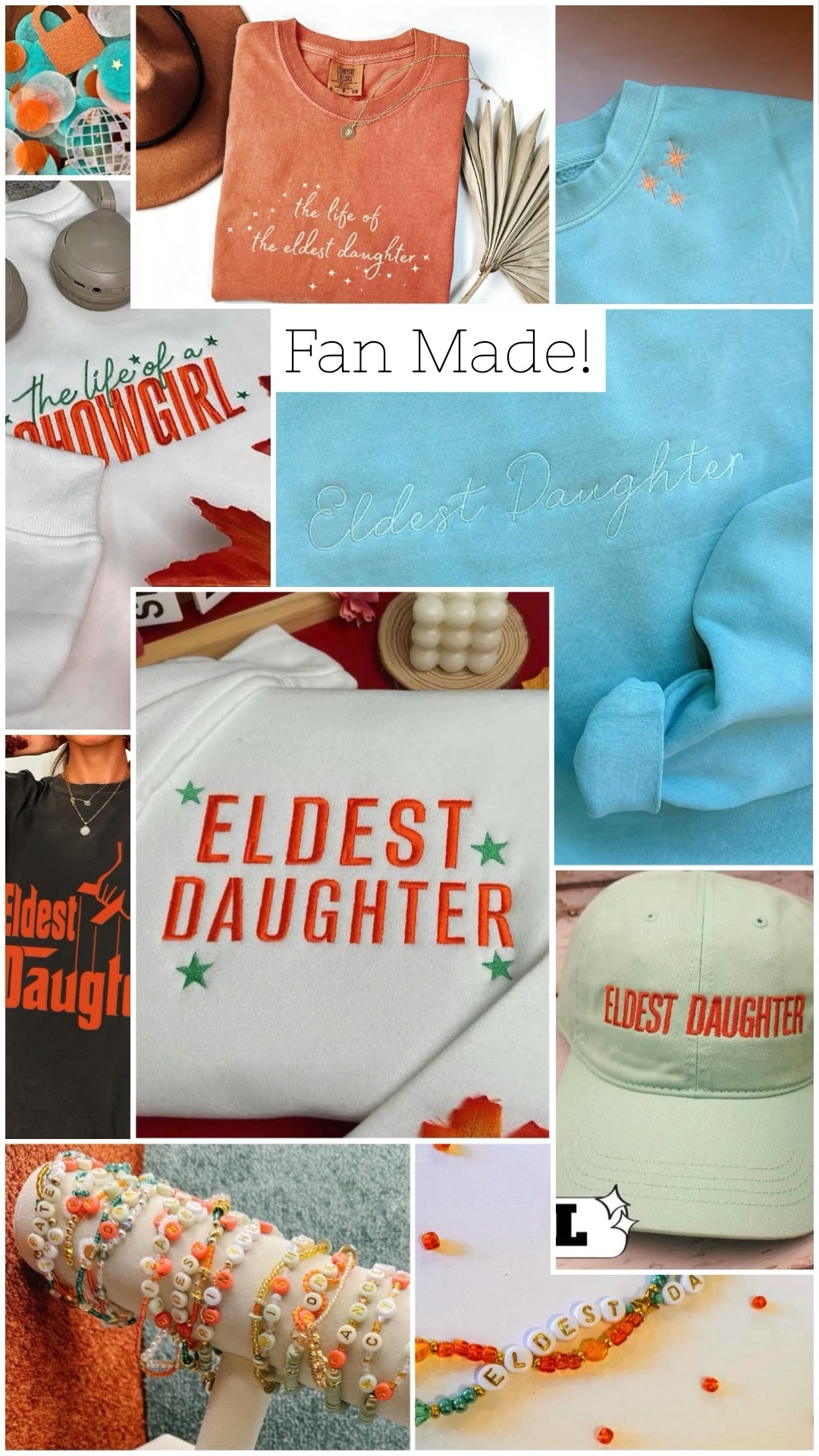 Fan made Eldest Daughter merch! Showgirl clothes bracelets and more. All Swifties handmade, small business, micro business, fan made designs. Taylor Swift The Life of a Showgirl clothes and accessories- Eldest Daughter 🩵🧡 
Orange, teal, mint, TLOAS

#TLOAS #taylorswift #eldestdaughter #showgirl #smallbusiness #fandom #swiftie #EtsyFinds #LTKFinds #Gifts 

#LTKFindsUnder100 #LTKFindsUnder50 #LTKParties