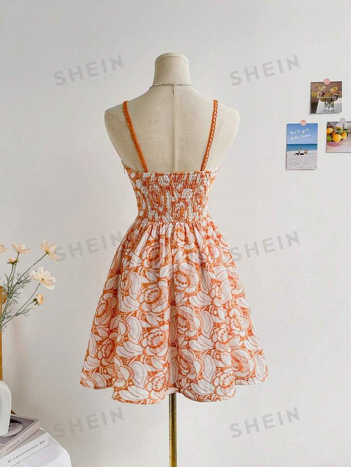SHEIN WYWH Women Summer Vacation Romantic Orange Flower Embroidered Lace Strap Cupped A-Line Mini... | SHEIN