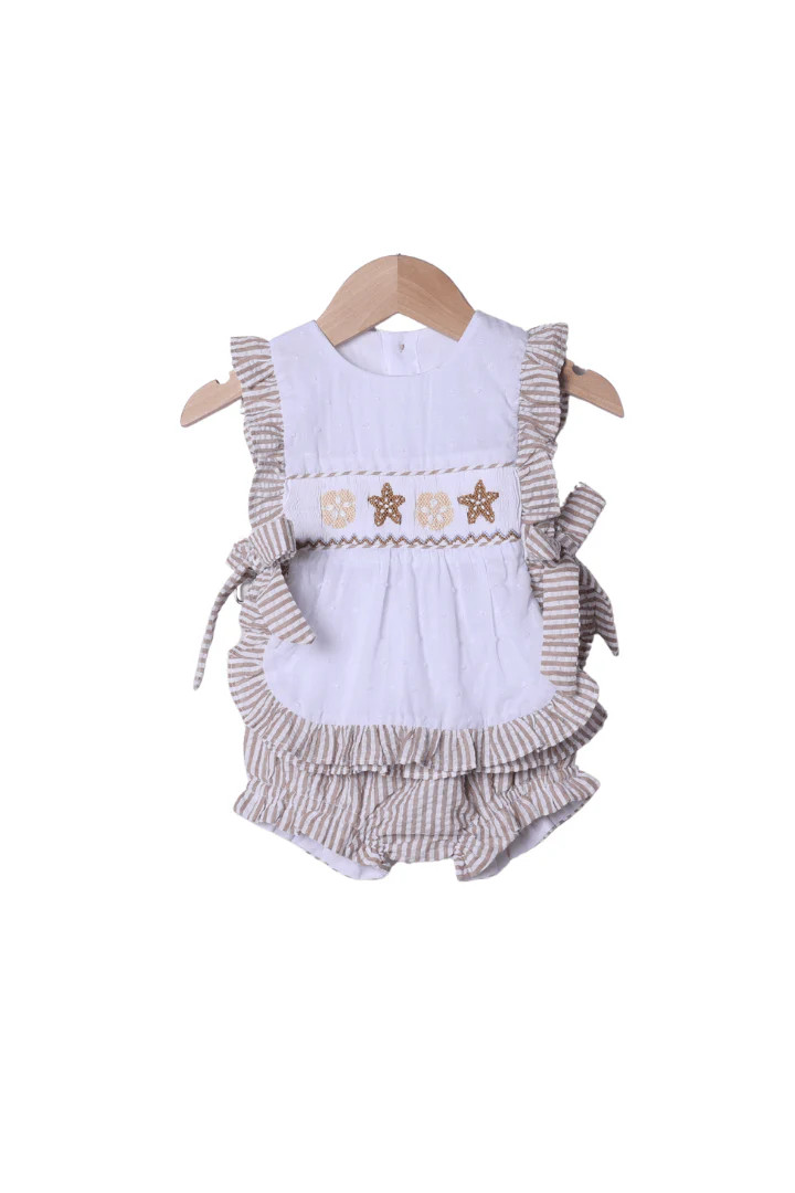 Smocked Starfish White Swiss Dot/Khaki Seersucker Apron Set | The Smocked Flamingo
