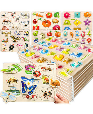 QUOKKA 8XSET Wooden Puzzles for Toddlers 2-4 with Rack - Alphabet, Numbers - Macy's | Macy's