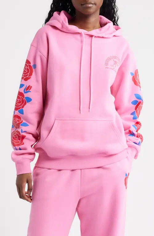 THE MAYFAIR GROUP Be Kind Floral Sleeve Graphic Hoodie in Pink at Nordstrom, Size X-Small | Nordstrom