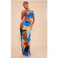 Blue Abstract Print Plisse Maxi Skirt | PrettyLittleThing US