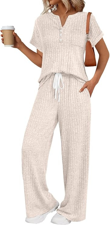 LILLUSORY Women's 2 Piece Matching Lounge Sets Summer Henley Neck Wide Leg Pants Casual Sweat Sui... | Amazon (US)