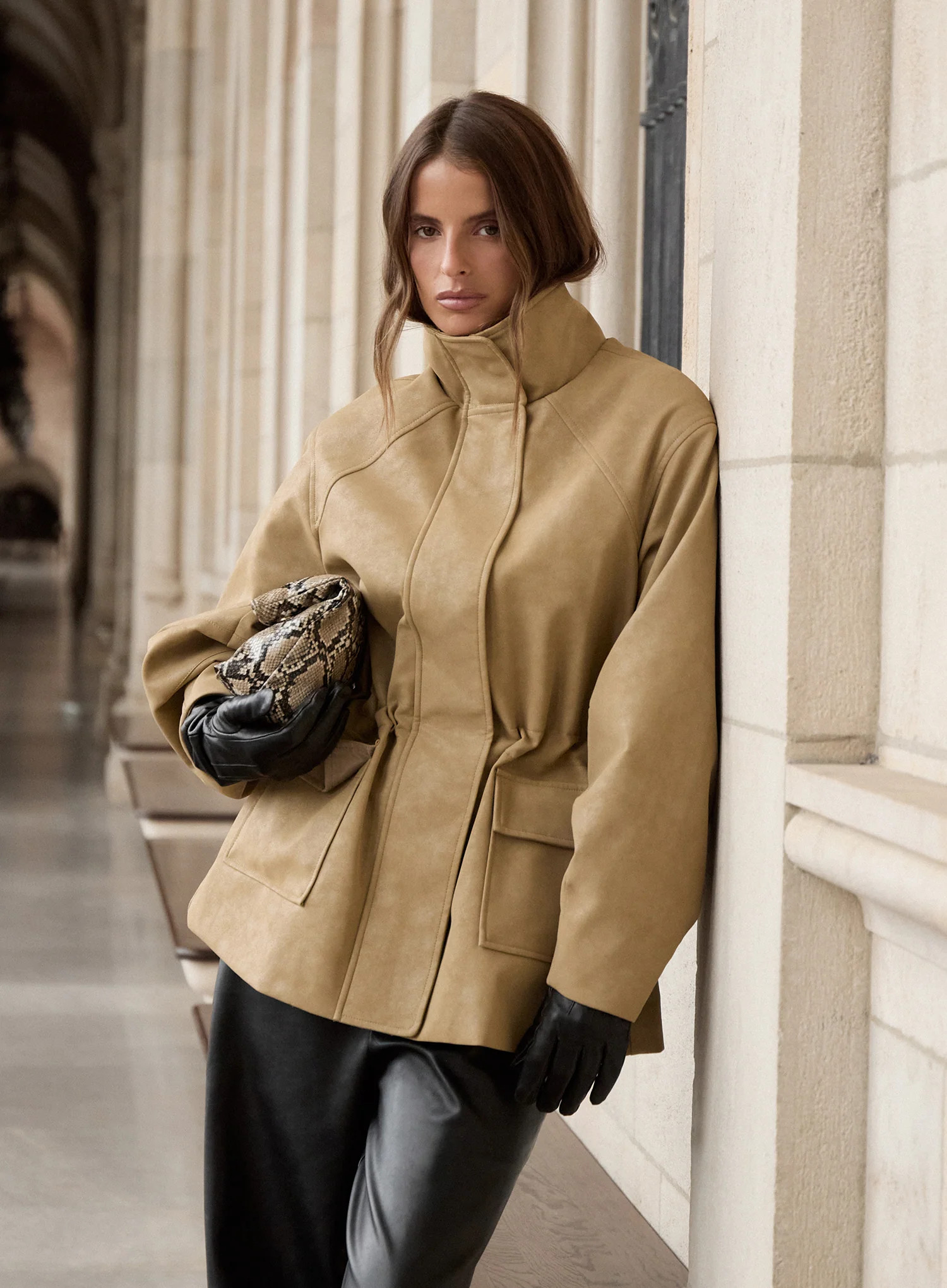 Women's Beige Faux Suede Cinched Waist Funnel Neck Jacket | Love | 4th & Reckless | 4th & Reckless
