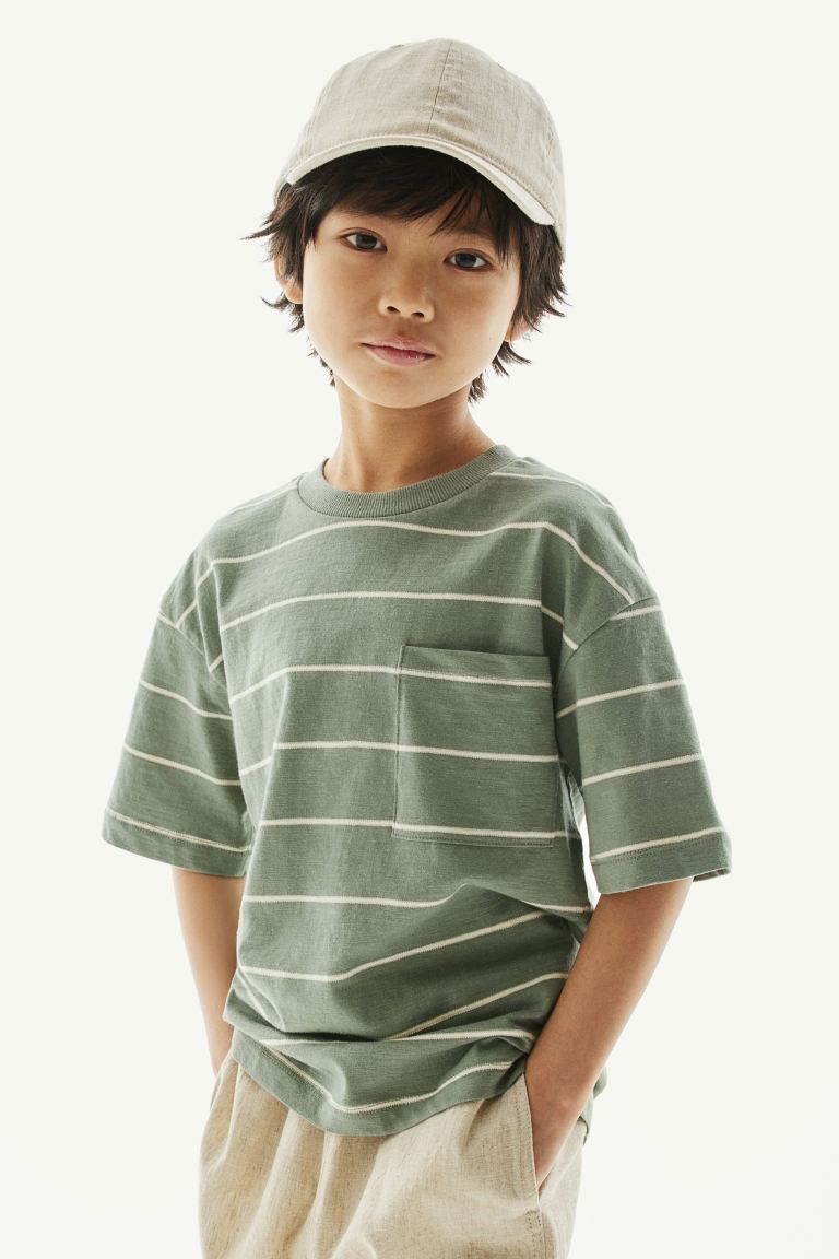 Chest-pocket T-shirt - Khaki green/striped - Kids | H&M US | H&M (US + CA)