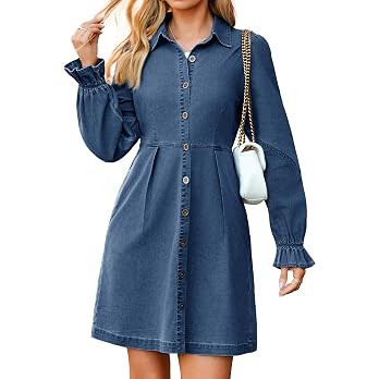 Simplee Womens Denim Dress Long Sleeve 2025 Fall Western Outfit Babydoll Button Down Mini Jean Dr... | Amazon (US)