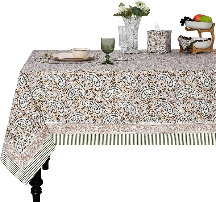 Royal Beige Hand Block Print Cotton Rectangle Tablecloth 60" x 60" inches Reusable Table Cover De... | Amazon (US)