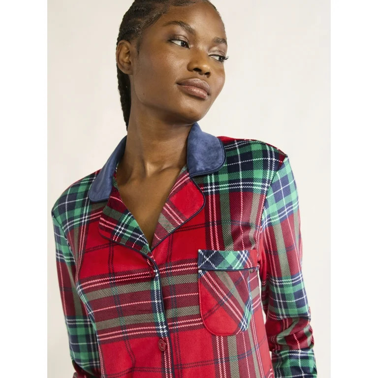 Joyspun Women's Velour Notch Collar Top and Pants Pajama Set, 2-Piece, Sizes S-3X | Walmart (US)