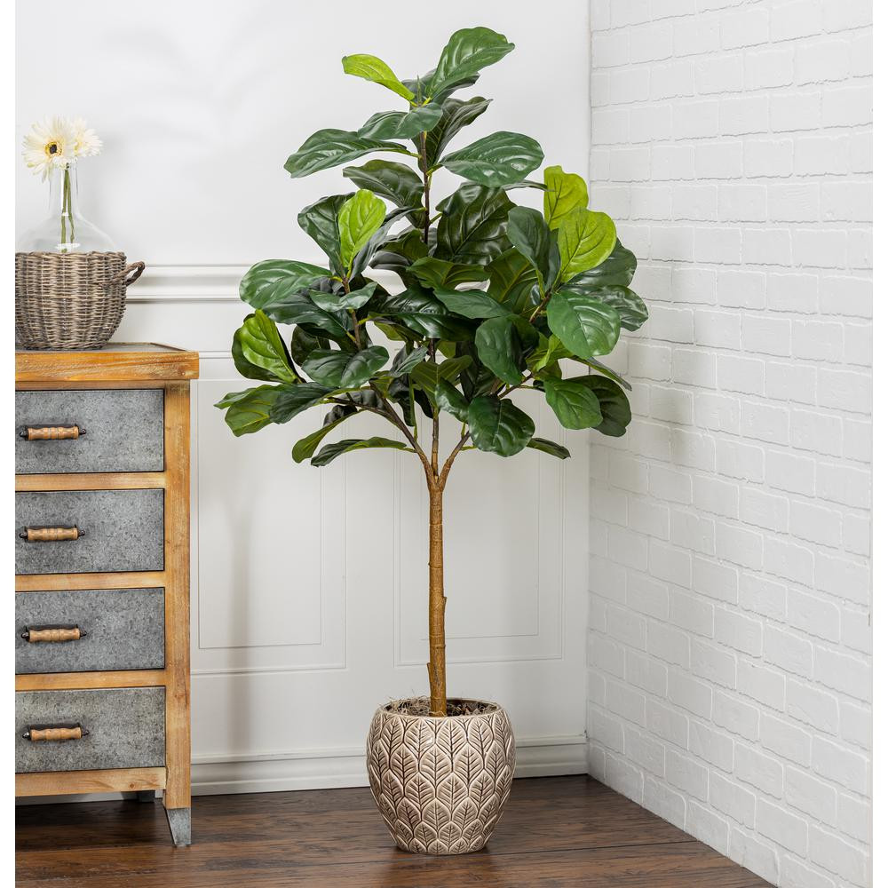 THE GERSON COMPANY 4-Foot Tall Real Touch Ultra-Realistic Fiddle Leaf Fig Plant in Plastic Pot with  | The Home Depot