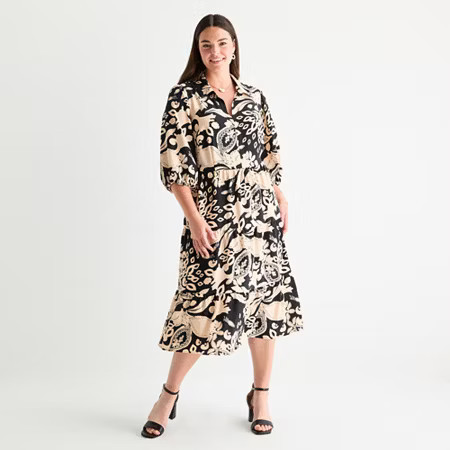 52seven Womens 3/4 Sleeve Midi Floral Plus Shift Dress, 1x, Black | JCPenney