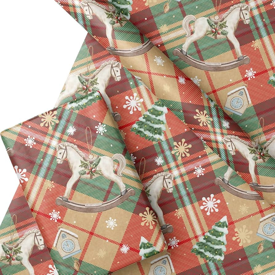 WRAPAHOLIC Christmas Kraft Wrapping Paper Roll - 17 Inch x 16.4 Feet Kraft Paper Roll, with Retro... | Amazon (US)