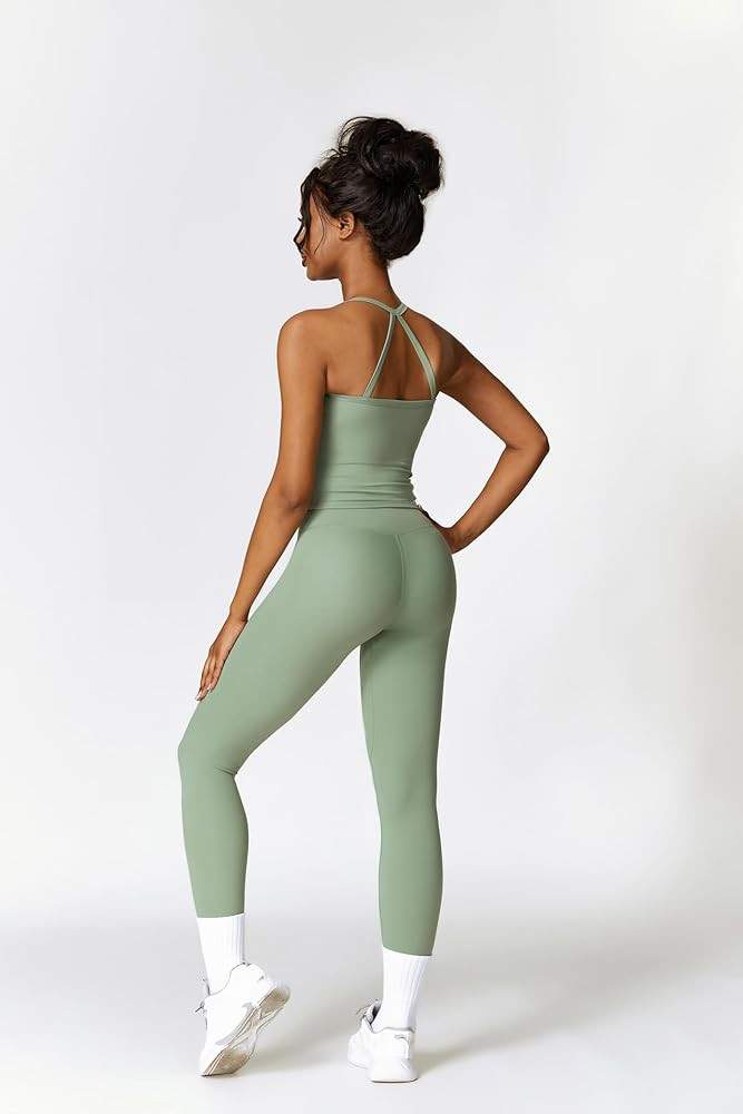 Womens Workout Sets Two Piece Cross Back Tank Top Matching High Waist Leggings Sets Gym Outfits W... | Amazon (US)