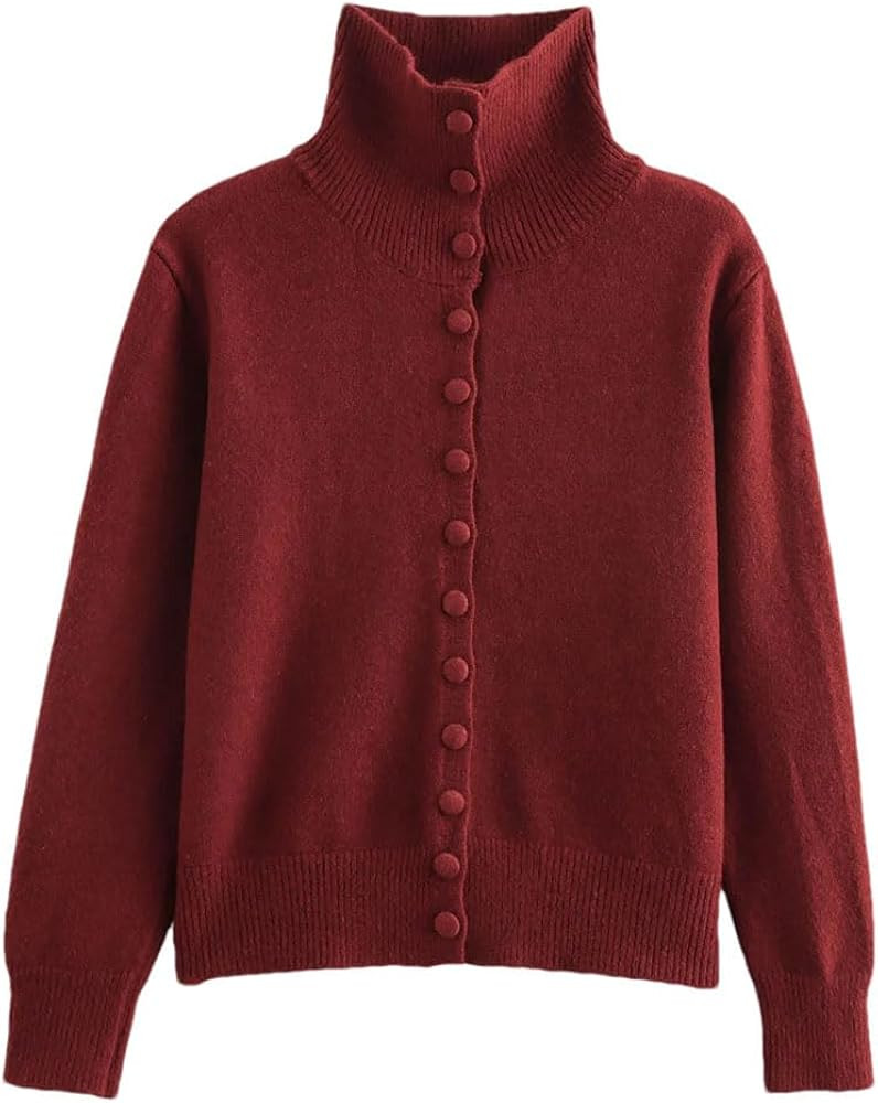 Women's Retro High Collar Long Sleeve Knit Sweater Button Loose Thin Knitted Cardigan | Amazon (CA)