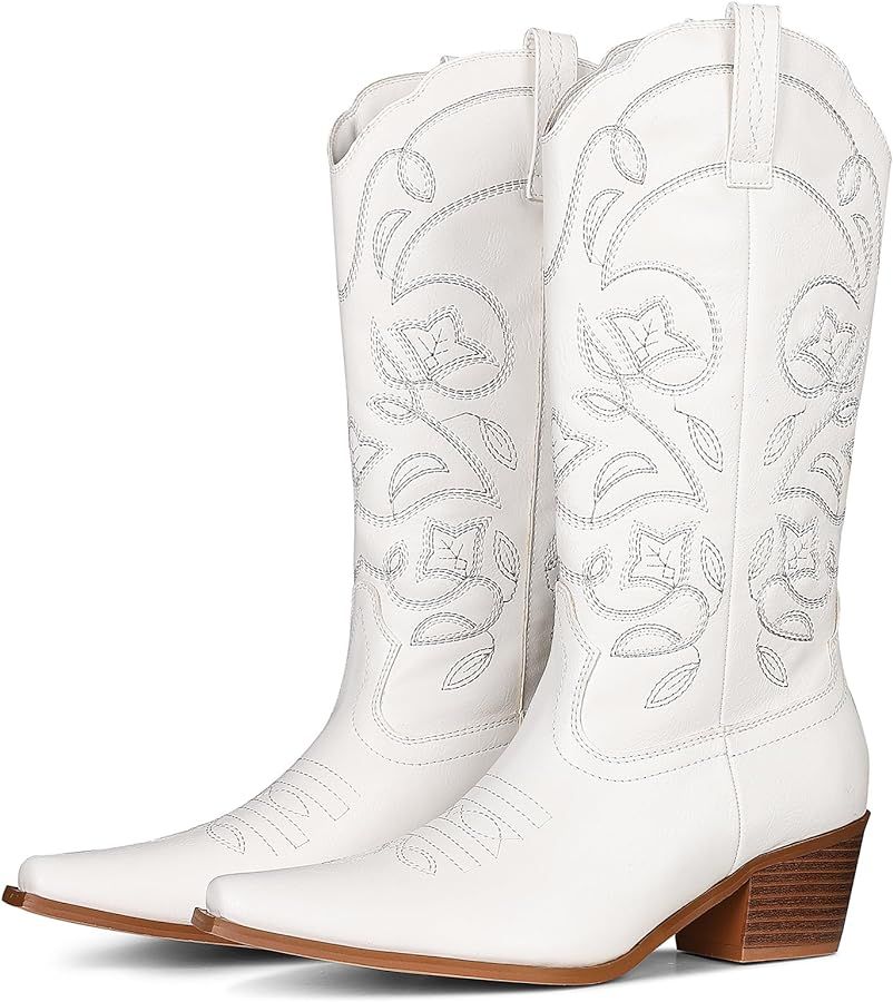 Cowboy Boots for Women, Embroidery Floral Womens Cowgirl Boots, Western Style Mid Calf Boots, Poi... | Amazon (US)
