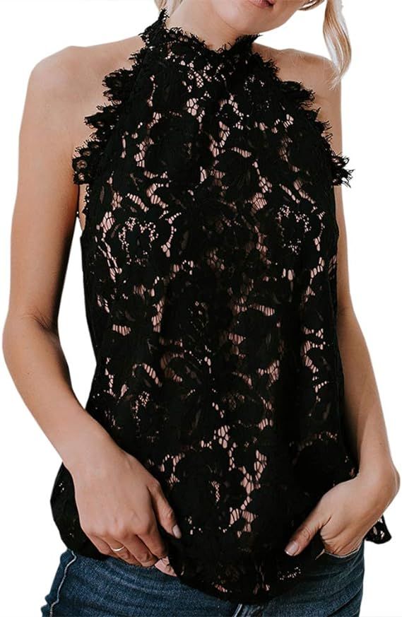 Valphsio Womens Lace Crochet Tank Tops Sleeveless Halter Scallop Clubwear Blouse Tops | Amazon (US)