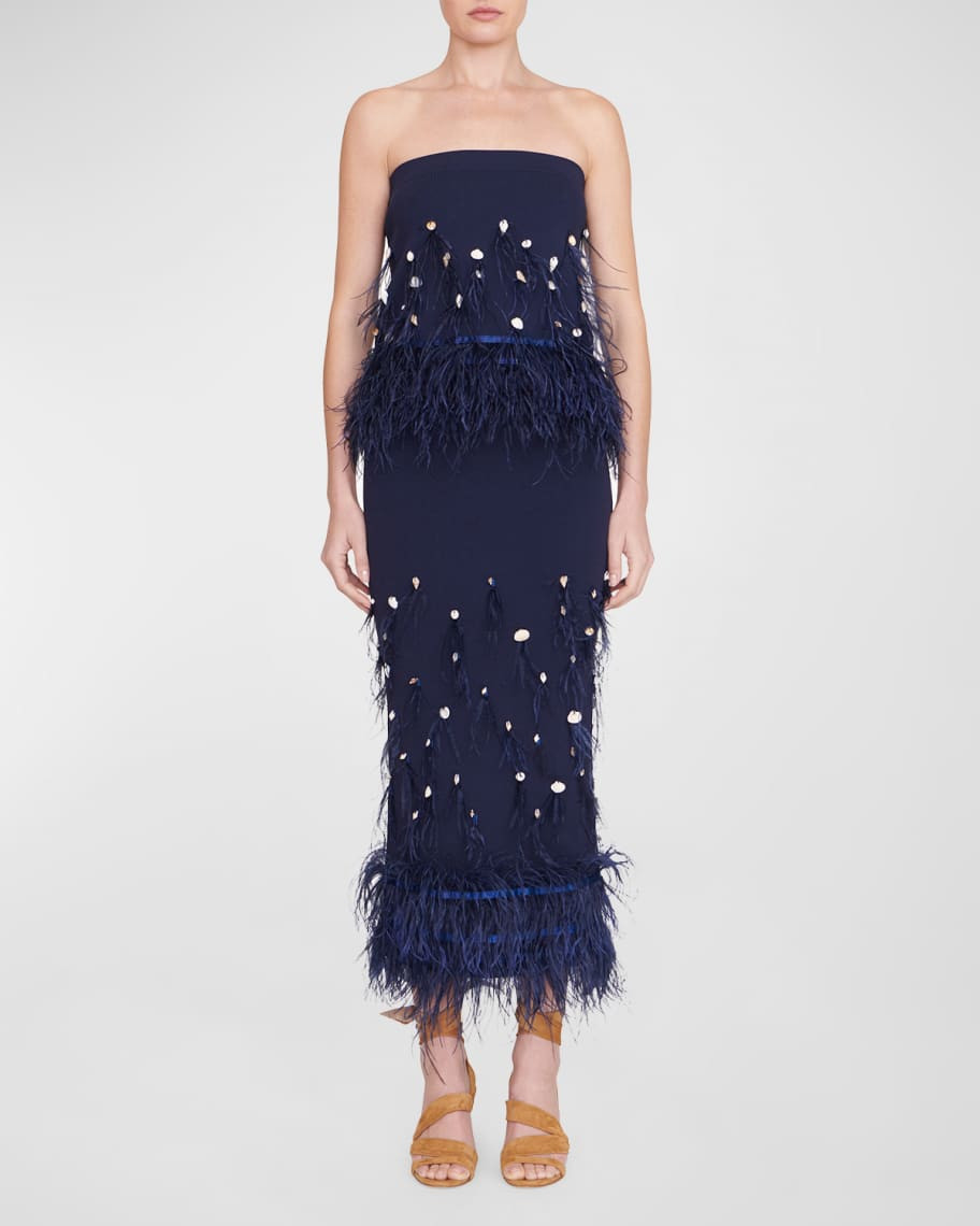 Staud Makayla Ostrich Feather Embellished Midi Skirt | Neiman Marcus