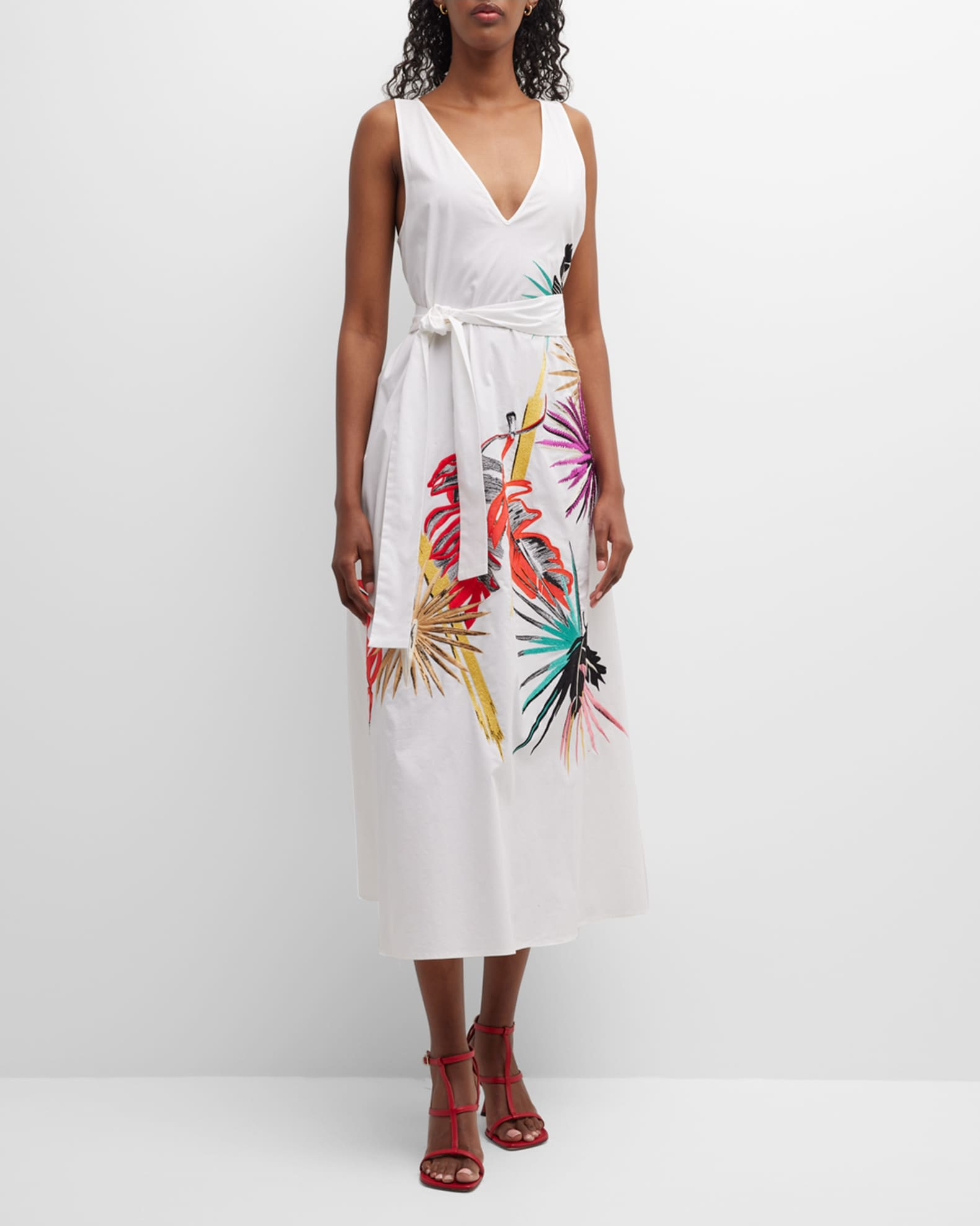 Natori Sleeveless Embroidered Poplin Midi Dress | Neiman Marcus