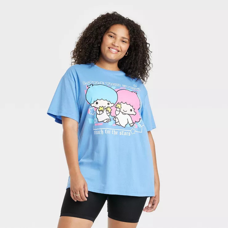 Women's Hello Kitty Star Twins Short Sleeve Graphic Oversized T-Shirt - Blue | Target